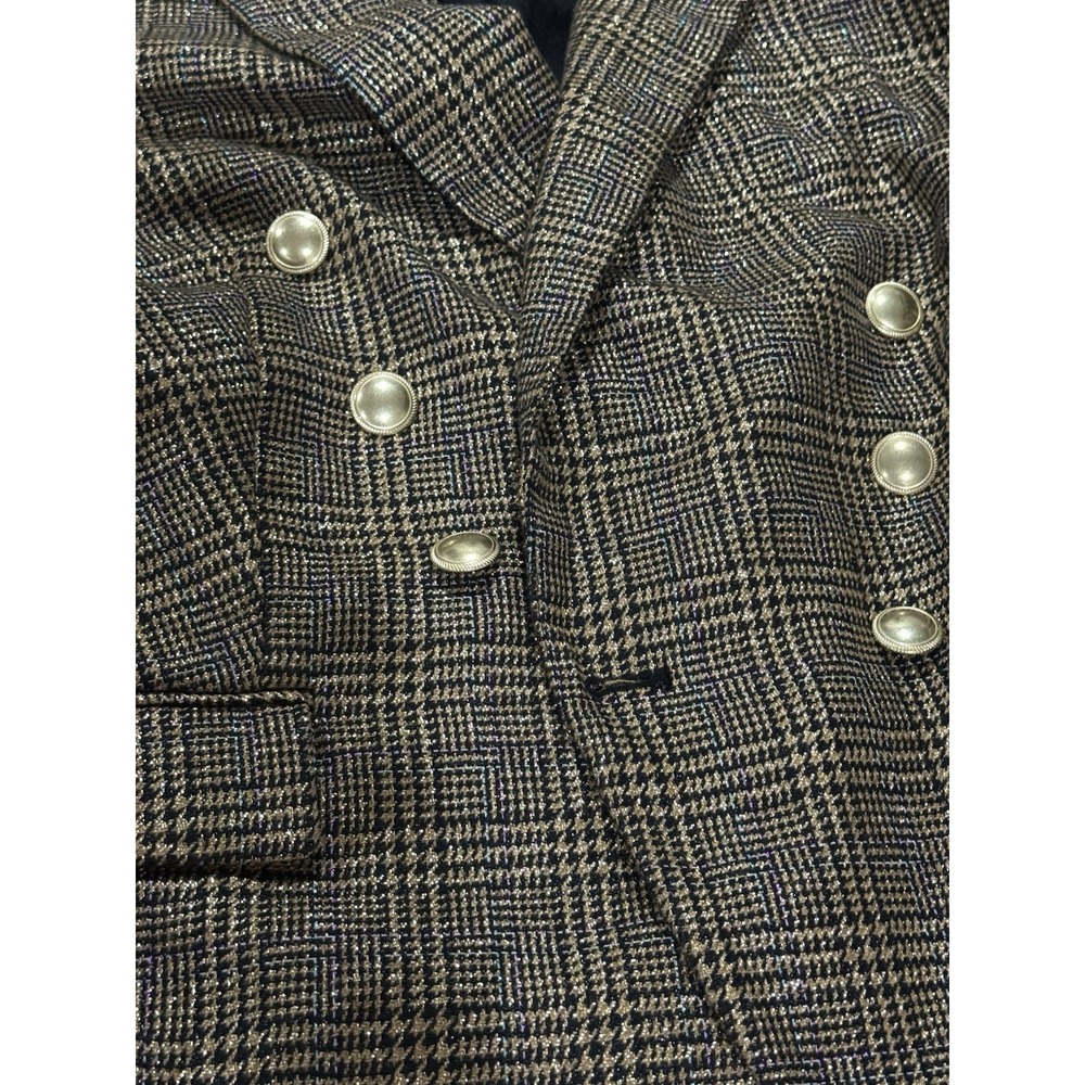 Nine West 0X Plus Metallic Plaid Double Breasted Gold Button Blazer Jacket